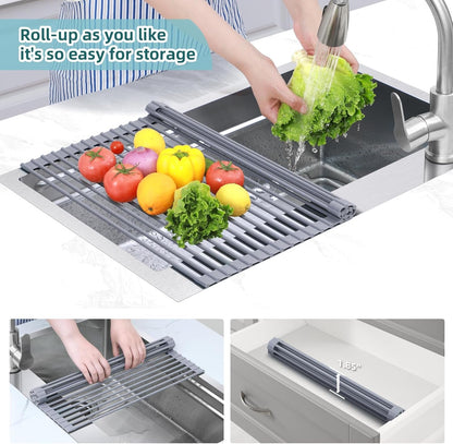 over Sink Dish Drying Rack Silicone Wrapped 17.6" W X 15.4" L Large over the Sink Roll up Dish Drainer - Foldable Sink Drying Rack Rolling Drain Mats Anti-Slip Multipurpose for Kitchen Counter7