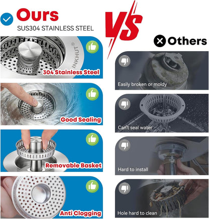 Upgraded 3 in 1 Kitchen Sink Drain Strainer | Stainless Steel Sink Stopper, Anti-Clogging Food Catcher Basket, Bounce Core Drain Strainer Plug for 3 1/2 Inch Drain3