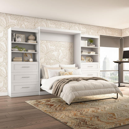 Queen Murphy Bed and 2 Shelving Units with Drawers, White, Pur, 136W2