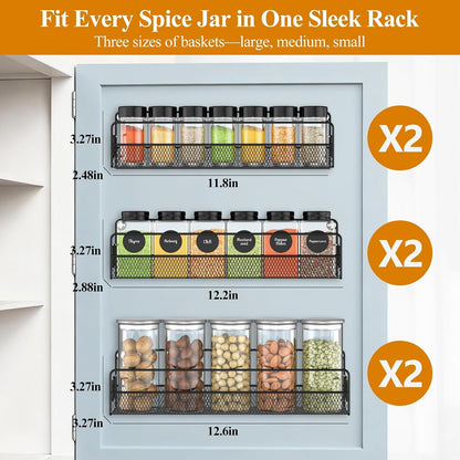 Wall Mounted Spice Rack Organizer, Pantry Door Organizer & Hanging Storage Baskets, Metal Spice Shelf for Kitchen Cabinet, 3 Depth Sizes Hold Large Jars to Nail Polish Bottles, 6 Pack2