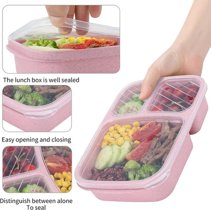 4 Pack Bento Lunch Box Set 3 Compartment Food Storage Containers Wheat Straw Meal Prep Lunch Box Plastic Food Storage Containers, Microwave and Dishwasher Safe (Light Colour)3