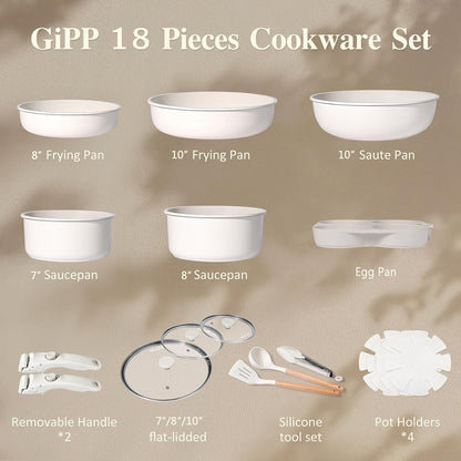 18PCS Pots and Pans Set Non Stick Kitchen Cookware Sets Pot and Pan | Non Toxic,Healthy RV Cookware, Dishwasher ＆Oven Safe,All Stoves Are Compatible White2