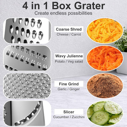 Cheese Grater, Handheld Box Grater with Container & Lid, 4-Sided Stainless Steel for Kitchen, Wavy Julienne, Slicer, Coarse Shred & Fine Zester, Non-Slip Base, Dishwasher Safe, 8 Inch3
