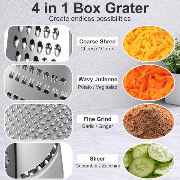 Cheese Grater, Handheld Box Grater with Container & Lid, 4-Sided Stainless Steel for Kitchen, Wavy Julienne, Slicer, Coarse Shred & Fine Zester, Non-Slip Base, Dishwasher Safe, 8 Inch3