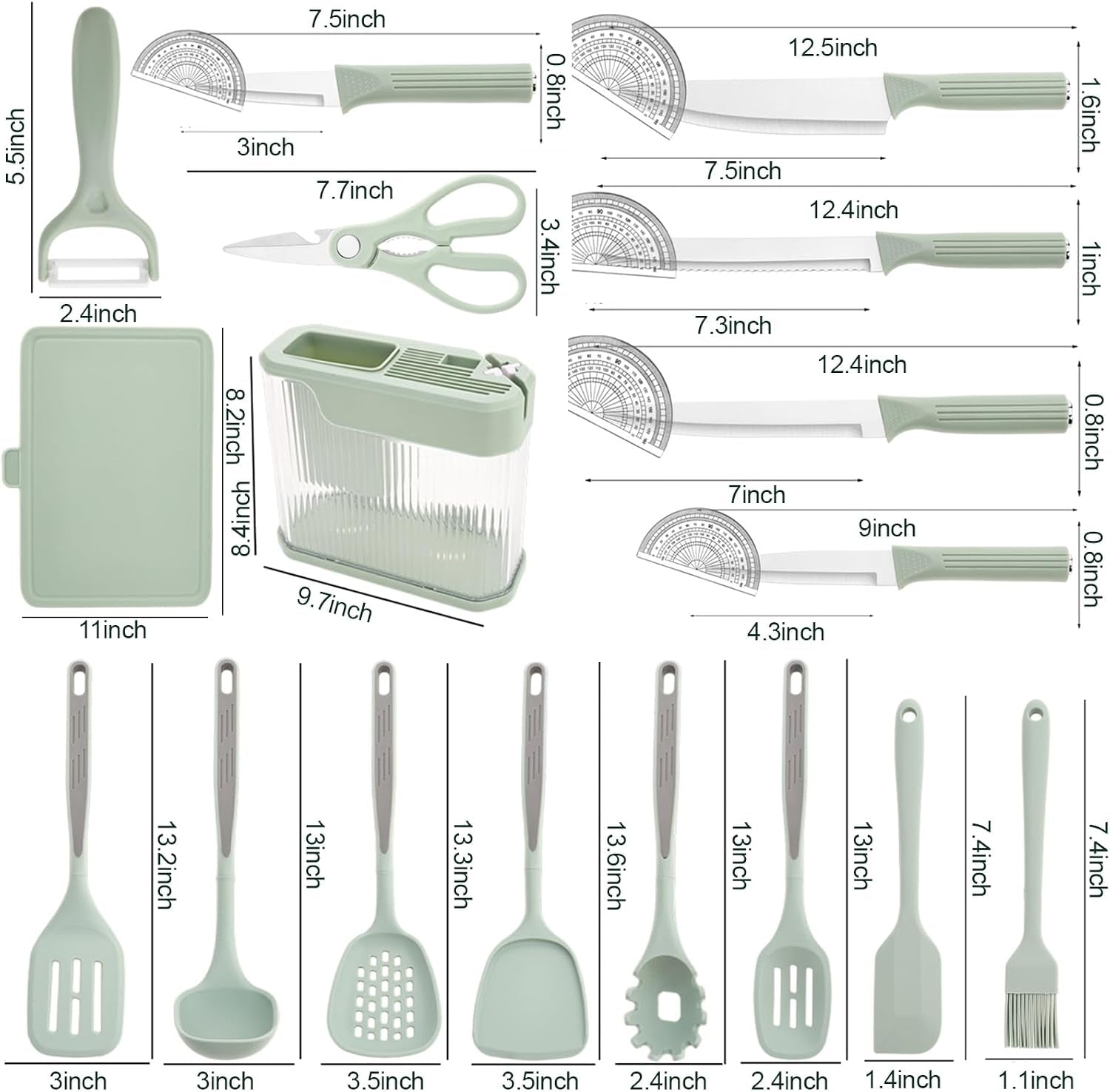 kitchen-utensils-set-and-knife-set-with-acrylic-block-17-pieces-silicone-utensils-set-for-cooking-stainless-steel-knife-set-with-built-in-sharpener-scissors-spatula-turner-green