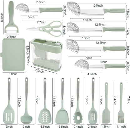 Kitchen Utensils Set and Knife Set with Acrylic Block, 17 Pieces Silicone Utensils Set for Cooking, Stainless Steel Knife Set with Built-In Sharpener, Scissors Spatula Turner (Green)7
