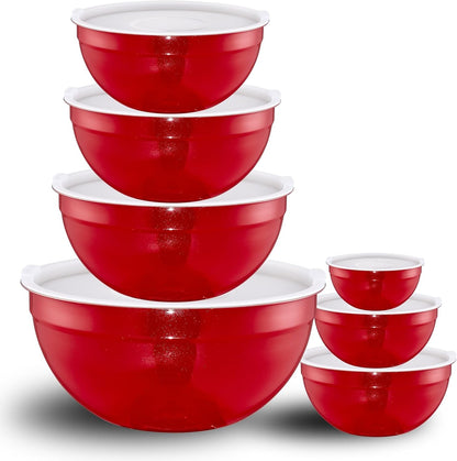 Red Mixing Bowls with Lids Set of 7, Stainless Steel Nesting Bowl with Khaki Lid for Non-Slip Mixing Prepping Storing Serving, 7 Sizes-7/3.6/2.7/2.1/1.5/1/0.8 QT1