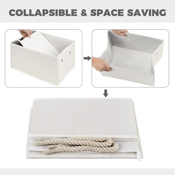 Set of 3 Fabric Bins for Organization - Foldable & Stackable with Lid & Rope Handles - Collapsible Fabric Storage Cubes Lightweight & Sturdy Bottom, Space Saving Collapsible Bin, Ivory6