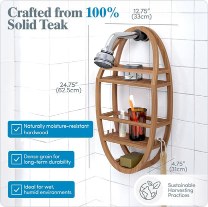 Moa Oval Teak Shower Organizer, Hanging Caddy with Hooks3