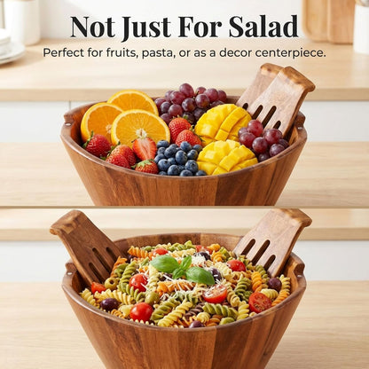 Large Wooden Salad Bowl with Serving Forks Mixing, Wood Salad Bowl Set for Food or Fruits, Magnetic Utensils Fit for 6–8 Servings, Ideal to Family Meals or as a Unique Gift6