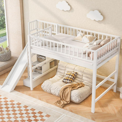 Full Size Loft Bed with Storage Staircase, Slide & LED Light, Wooden Bunk Bed for Bedroom with Built-In Shelves, White4