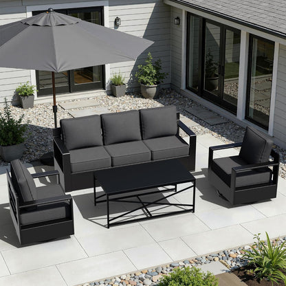 Outdoor Aluminum Furniture Set, 4-Piece Patio Conversation Set, 2 Swivel Chairs, 1 Sofa and 1 Table, All-Weather Metal Frame, 6" Thick Removable Cushions, Deep Setting for Garden, Poolside and Porch1