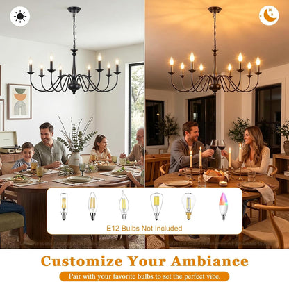 35" Farmhouse Chandelier, 8-Light Matte Black Classic Iron Candle Pendant Lighting, Adjustable Chain Ceiling Light Fixture for Sloped Ceiling, Dining Room, Kitchen Island & Foyer5