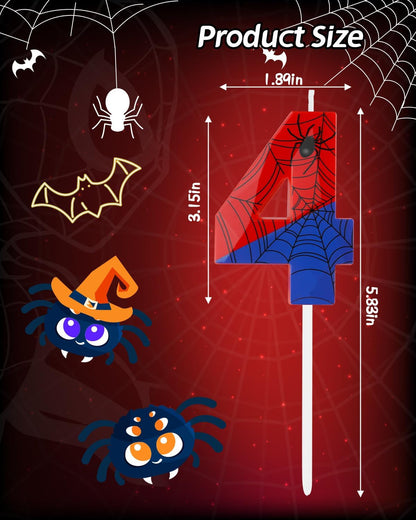Number 4 Spider Themed Birthday Candle, 2.68 Inch Red Blue Spider Birthday Candles, Number Candles Birthday Cake Toppers Web Candles for Boy Girl Spider Party Decoration Supplies Halloween Party3