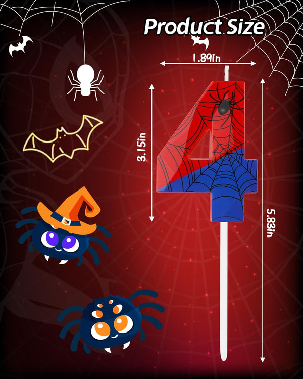 Number 4 Spider Themed Birthday Candle, 2.68 Inch Red Blue Spider Birthday Candles, Number Candles Birthday Cake Toppers Web Candles for Boy Girl Spider Party Decoration Supplies Halloween Party3
