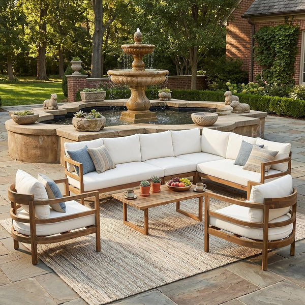 Outdoor Acacia Wood 7 Seater Sectional Sofa Set with Thick Cushions Patio Conversation Set Modular Outdoor Seating with Coffee Table and Club Chairs for Patio Garden Deck3