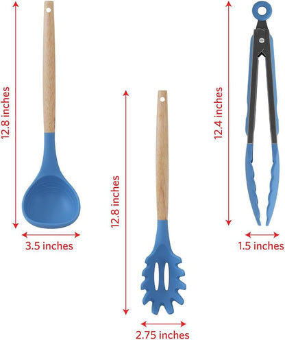 Silicone Kitchen Utensils Set, 8Pcs - Nonstick Cooking Tools with Wooden Handles and Utensil Holder - Spatula Set with Turner, Ladle, Spoons, Tongs, and Spaghetti Server - Blue5
