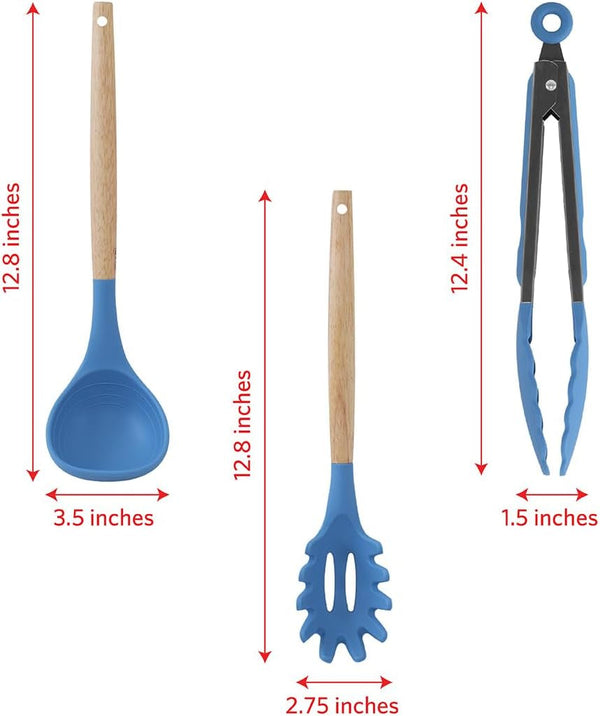 Silicone Kitchen Utensils Set, 8Pcs - Nonstick Cooking Tools with Wooden Handles and Utensil Holder - Spatula Set with Turner, Ladle, Spoons, Tongs, and Spaghetti Server - Blue5