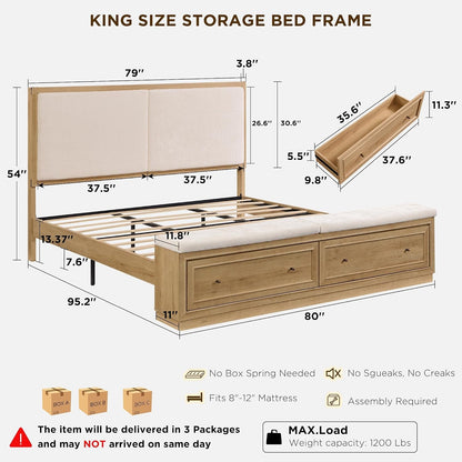 King Bed Frame W/Upholstered Headboard,Storage Bench,Natural Oak2