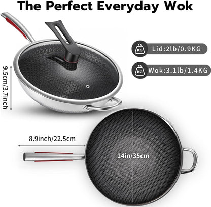 14-Inch Stainless Steel Wok Pan with Glass Lid - Tri-Ply Nonstick Wok & Stir-Fry Pan, PFOA Free Uncoated Cookware for All Cooktops, Induction Compatible, Flat Bottom3