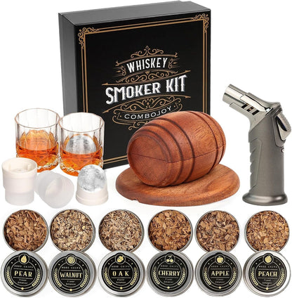 Whiskey Smoker Kit with Torch - 6 Flavors Wood Chips, 2 Glasses, 2 Ice Ball Molds - Cocktail Smoker Infuser Kit, Old Fashioned Drink Smoker Kit, Birthday Bourbon Whiskey Gifts for Men,Dad(No Butane)1