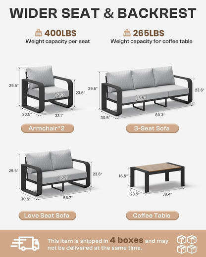 Oversized Aluminum Outdoor Furniture Set, Extra Large Patio Furniture Sofa Set 4.8” Widened Armrest & Ultra-Thick Cushions, 5 Pcs Modern Patio Sectional for Backyard, Porch, Gray8