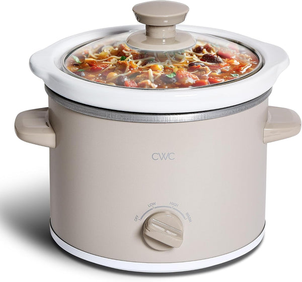2QT Mini Electric round Slow Cooker - Adjustable Settings, Removable Stoneware Pot, Tempered Glass Lid, Dishwasher Safe, Cool-Touch Side Handles, Sand1