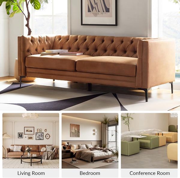 84" Faux Leather Sofa, Mid Century Modern 3 Seater Couch, Camel7