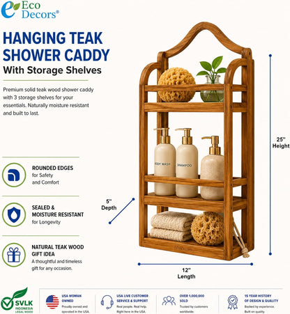 Wall Mount Teak Shower Caddy, Bathroom Organizer Shelf3