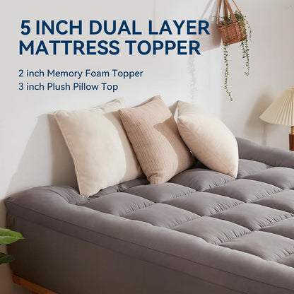Dual Layer 5 Inch Memory Foam Mattress Topper Queen Size, 2 Inch Gel Memory Foam plus 3 Inch 1450 GSM down Alternative Quilted Pillow Top Mattress Pad Cover,Dark Gray2
