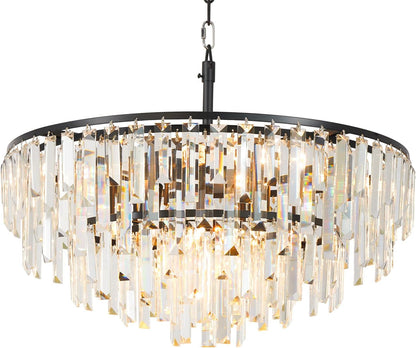 Black Modern round Top K9 Crystal Chandelier Lighting Fixture, 8 Lights round K9 Crystal Adjustable Hanging Lamp for Dining Room Bedroom Living Room,Hallway,Bar,Kitchen W24'7