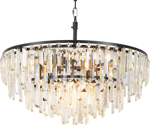 Black Modern round Top K9 Crystal Chandelier Lighting Fixture, 8 Lights round K9 Crystal Adjustable Hanging Lamp for Dining Room Bedroom Living Room,Hallway,Bar,Kitchen W24'7