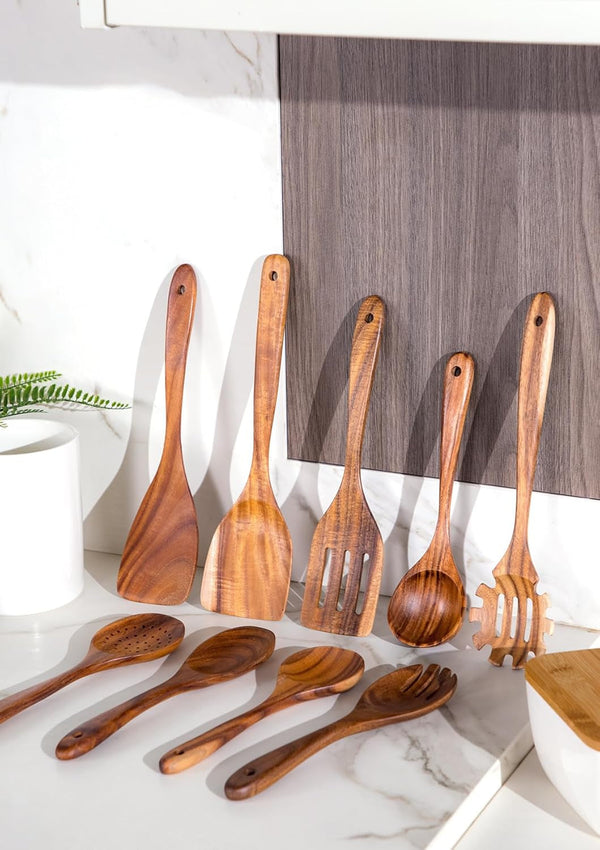 Wooden Cooking Utensils Set with Ceramic Holder,Teak Wood Utensils 10Pcs8