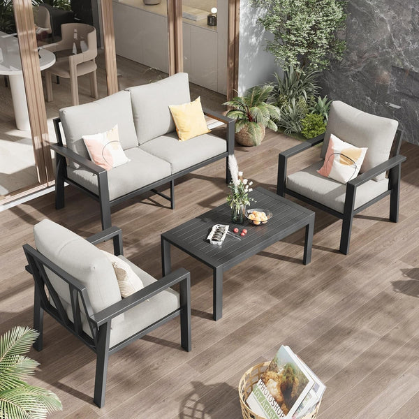 4-Piece Aluminum Outdoor Patio Furniture Sets All-Weather Patio Conversation Set Sectional Sofa with Coffee Table & Cushions with Removable Covers for for Deck Backyard Garden Poolside Balcony Porch7
