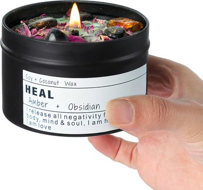 Obsidian Crystal Energy Candle, Good Aura Health Protection, Baltic Amber Chakra Magic Self-Care, Emotional Support, Encouragement and Affirmation Gift.(Heal)1