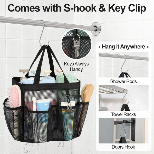 Mesh Shower Caddy Portable - 8 Pockets, S-Hook, Shower Bag for Dorm Camping7
