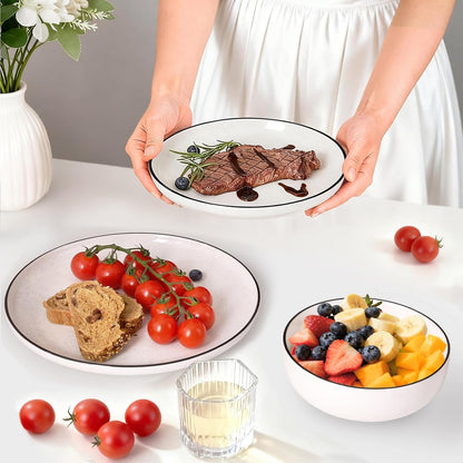 Plates and Bowls Sets for 4,12 Pieces Ceramic Dish Set, White Dinnerware Set for Kitchen, Modern Design Plate Sets with Black Rim, Microwave and Dishwasher Safe4