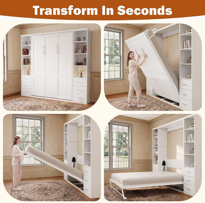 Queen Murphy Bed with 2 Bookcase, Space-Saving Wall Bed, White7