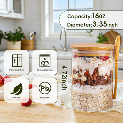 Overnight Oats Containers with Lids,16Oz Overnight Oats Jars 4 Pack, Oatmeal Cups,Meal Prep Containers,Glass Meal Prep Containers with Lids,China Pudding Jars6