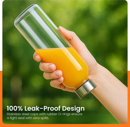 Clear Glass Bottles with Lids 18Oz Water Bottles, Steel Cap, 6-Pack | Reusable Travel-Friendly Juice Bottles Rust-Resistant Durable Glass Stainless Steel Air and Water Tight Lids 100% Leak Proof5