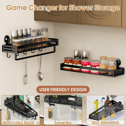 Suction Cup Shower Caddy with 5 Hooks & Towel Rrack 11.8Inch Black6
