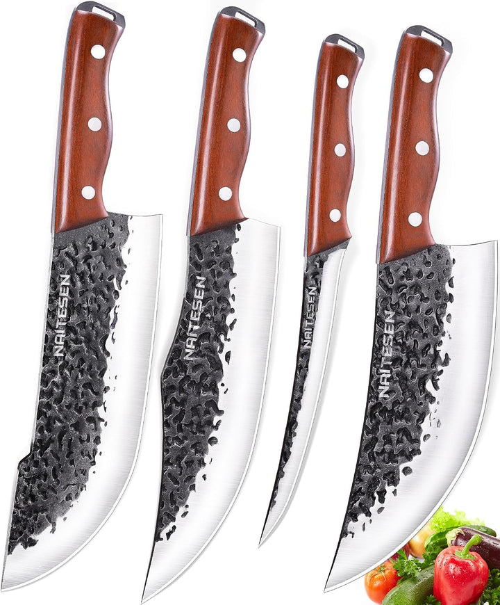 4PCS Butcher Knife and Kitchen Knife Set with Gift Box | Hand Forged Heavy Duty Meat Cleaver, Meat Knife, Serbian Chef Knife, Boning Knife Very Sharp for Meat Cutting Cooking BBQ