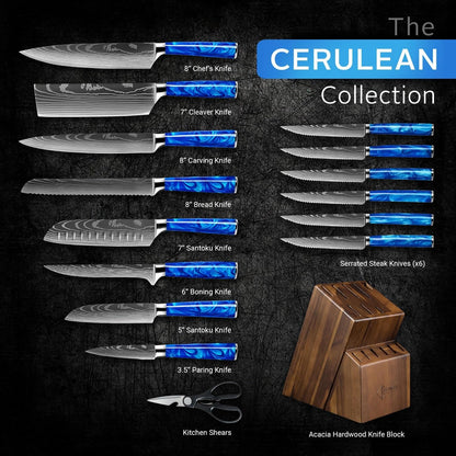 SENKEN 16-Piece Knife Block Set - Japanese High Carbon Stainless Steel with Damascus Pattern, Blue Resin Handles, 6 Steak Knives & Acacia Hardwood Block (Blue)2
