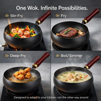 2026 NEW Uncoated Thick Iron Pot with Lid, Japanese Cast Iron Pan, Multifunctional Non-Stick Cast Irons Wok for Cooker Gas Stir Fry Pans (With Wooden Lid, 8 In)6
