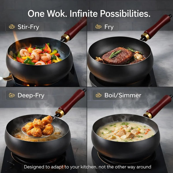 2026 NEW Uncoated Thick Iron Pot with Lid, Japanese Cast Iron Pan, Multifunctional Non-Stick Cast Irons Wok for Cooker Gas Stir Fry Pans (With Wooden Lid, 8 In)6