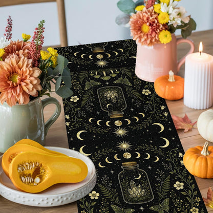 Mystic Black Table Runners 72 Inches Long, Cotton Linen Fabric Table Runner Dresser Scarf, Butterfly Golden Sun Moon Stars Flowers Leaves Tablerunner for Party/Kitchen/Dinner/Wedding Decor 13"X72"8