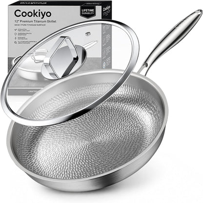 12" Titanium Pans for Cooking with Lid Hammered Chef-Grade Skillet | Pfoa-Free, Non-Stick, Chef-Grade,Tri-Ply Multi-Clad Skillet Scratch Resistant,Dishwasher, Oven & Induction Safe1