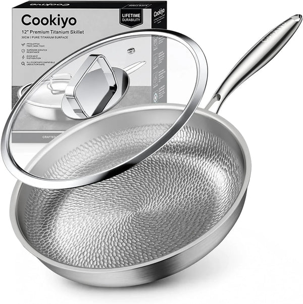 12" Titanium Pans for Cooking with Lid Hammered Chef-Grade Skillet | Pfoa-Free, Non-Stick, Chef-Grade,Tri-Ply Multi-Clad Skillet Scratch Resistant,Dishwasher, Oven & Induction Safe1