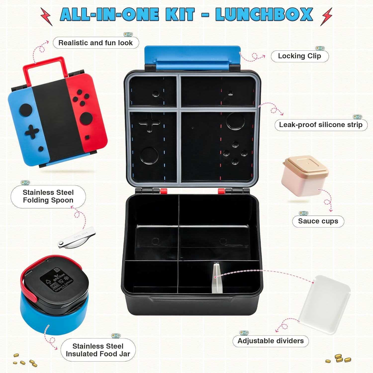 game-bento-box-for-kids-lunch-box-with-thermo9oz-food-jar-folding-spoon-removable-divider-sauce-cup-lunch-box-kids-for-school-travel-bpa-free-realistic-shapeblue-red