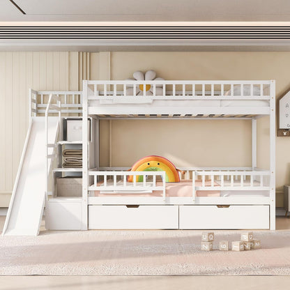Full over Full Bunk Bed with Storage Staircase, Slide and 2 Drawers, Wood Bunk Bed Frame for Kids, Solid Pine Wood Bed with Guardrail, No Box Spring Needed, White1